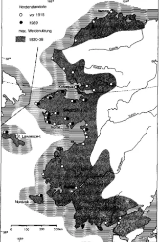 Abb.  4.2.411:  Standorte  der  Rentierhaltung  im  arkti- arkti-schen  Alaska  1914  und  1989  sowie  maximale  Weide-nutzung  1930-38