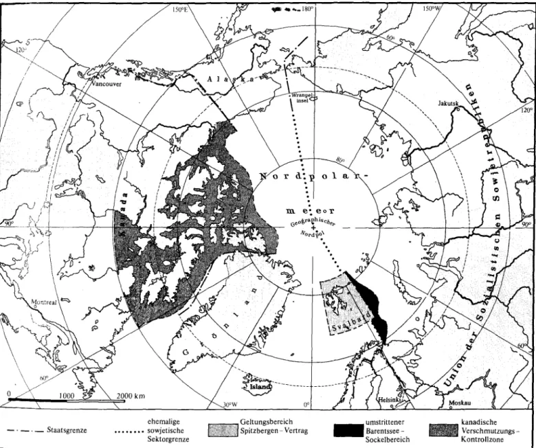 Abb. 2: In ihrer Rechtslage nicht eindeutig  geklärte Teilräume des Nordpolargebietes: 
