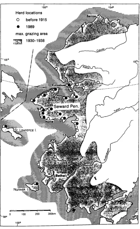 Fig.  4.  Reindeer  herding  areas  in  arctic  Alaska  1914  and  1989  as  weIl  as  maximum use ofthe grazings,  1930-1938