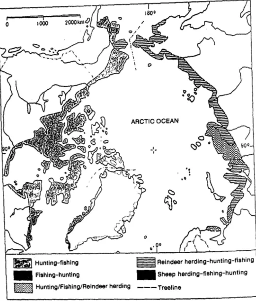 Fig.  7.  Structure and distribution of the various arctic economic activities and  lifestyles,  excluding  trapping  (Soviet  situation  after  Tyurdenev  and  Andreyev, 