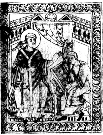 Abb.  2:  Der hl.  Gregor,  dem eine Taube als  Symbol des  Heiligen Geistes die  Melodien ins  Ohr  singt  und  der  einem  Schreiber  die  Melodien  diktiert