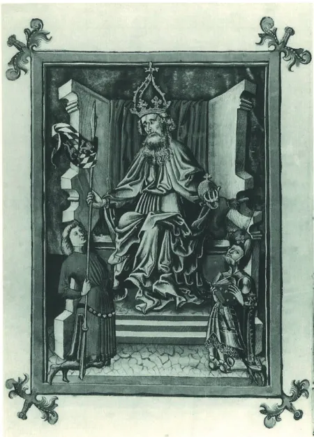 Abb. 9:  ›Schwabenspiegel‹:  Karl  der  Große  verleiht  Fahne  und  Rechtsbuch.  München,  Bayerische Staatsbibliothek, Cgm 1139, Bl