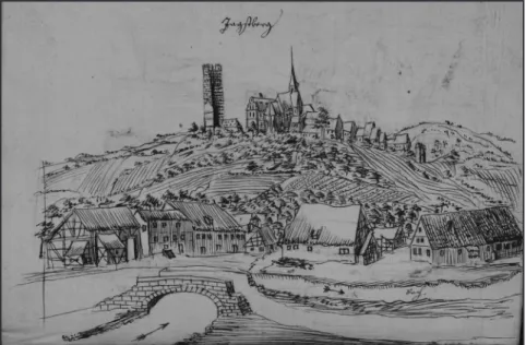 Grafik 2: Zeichnung einer Stadtansicht  von Jagstberg ( StBB H. V. Msc. 538, nach fol
