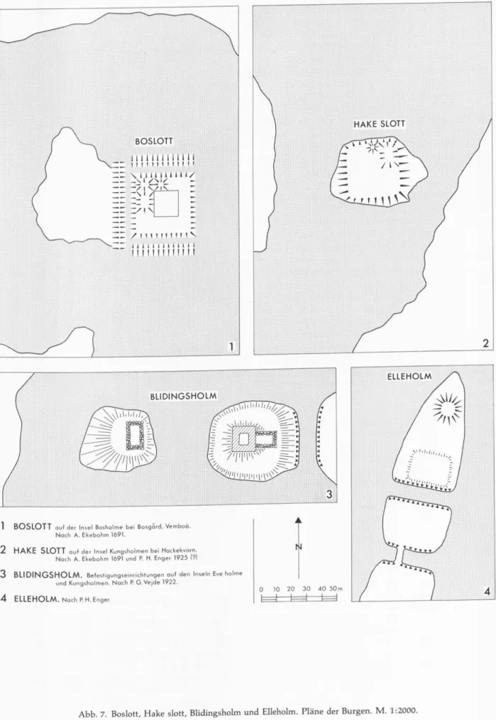 Abb.  7 .  Boslott, Hake  slott, Blidingsholm und Elleholm. Pläne der Burgen.  M .  1  :2000