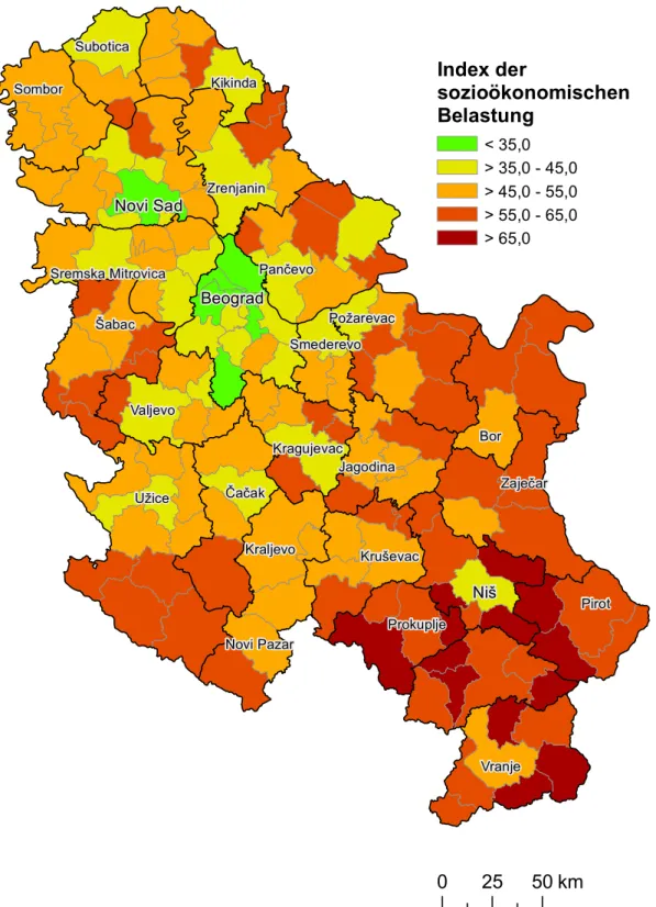 Abb. 1:   Index der sozioökonomischen Belastung der serbischen Gemeinden für das statisti-statisti-NišBeogradSuboticaSomborKikindaZrenjaninNovi Sad