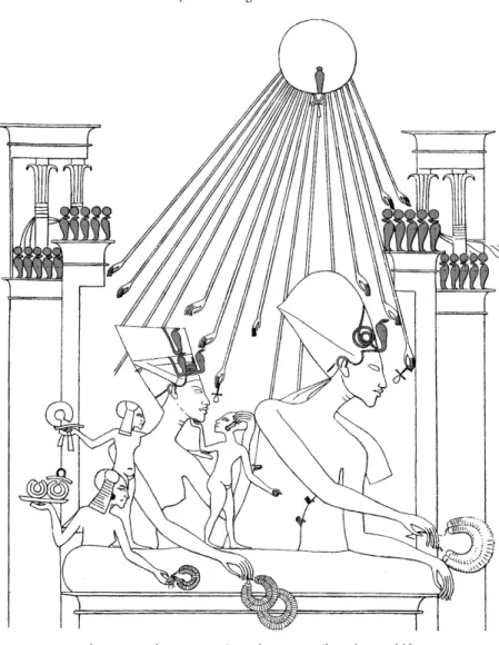 Abb. 1:  Echnaton und  Nofretete  mit Töchtern verteilen Ehrengold  1