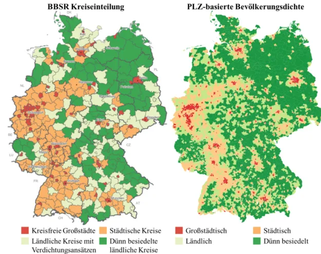 Abbildung 2: Bevölkerungsdichtestufen nach BBSR (2016) und auf PLZ-Basis 