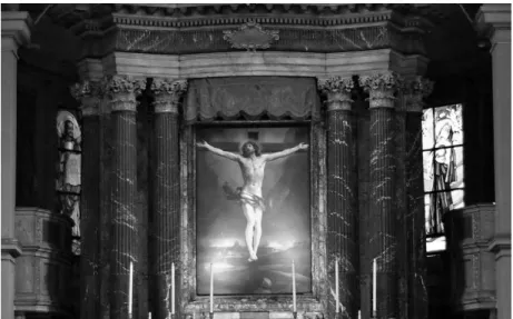 Abb. 1: Guido Reni: Kreuzigung, ca. 1635–38. 340x220 cm. Hochaltar von San Lorenzo in  Lucina, Rom © Rabax63