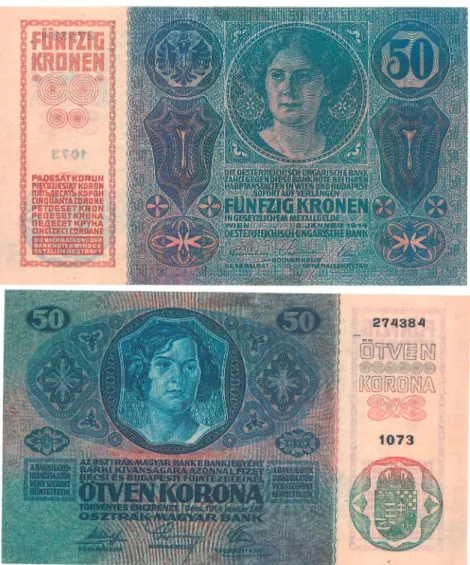 Figur  5:  Zisleithanische  (oben)  und  transleithanische  (unten)  Seite  der  50-Kronen-Banknote   von 1914.