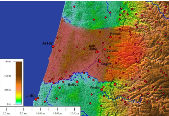 Fig. 4: All find spots of the Crusader period in the investigated area. The former lordship of Arsur is  highlighted in red