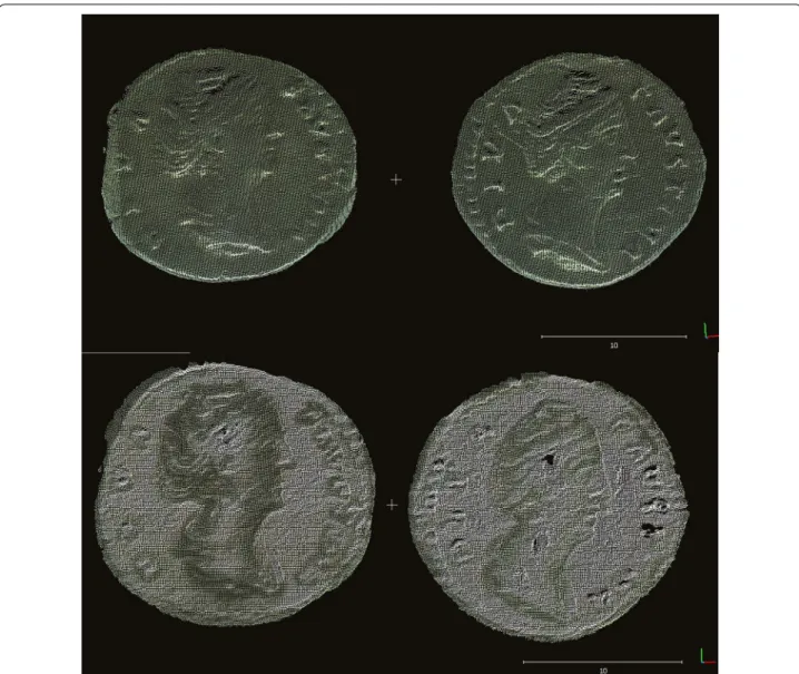 Fig. 6  Coin A and B, obverse. 3D colour laser scan at 100 μm resolution, from 30° angle (top) and nadir position (bottom) (Mona Hess, UCL)