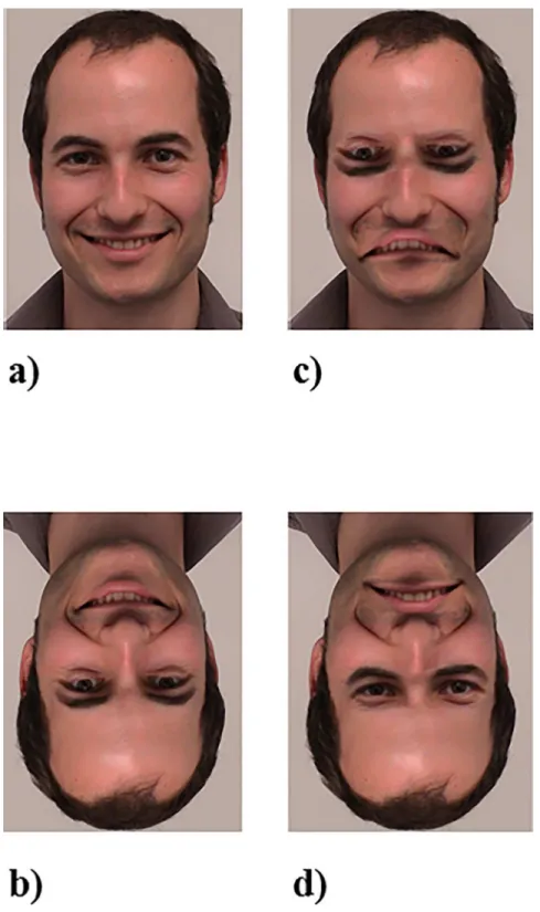 Fig 1. Example stimuli. Example for a male, non-famous face: a) upright, non-Thatcherised; b) inverted, non-Thatcherised; c) upright, Thatcherised; d) inverted, Thatcherised.