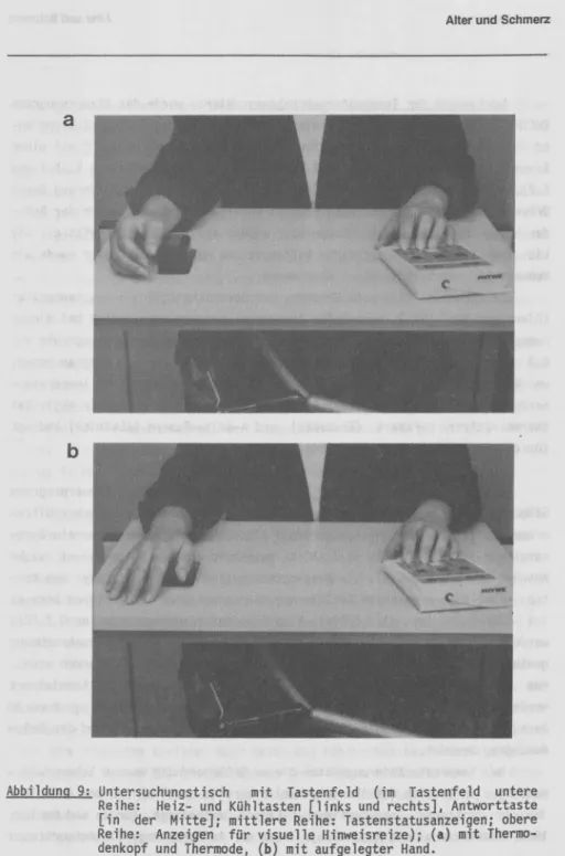 Abbildung  9:  Untersuchungstisch  mit  Tastenfeld  (im  Tastenfeld  untere  Reihe:  Heiz- und  Kühltasten  [links  und  rechts],  Antworttaste  [in  der  Mitte];  mittlere  Reihe:  Tastenstatusanzeigen;  obere  Reihe:  Anzeigen  für  visuelle  Hinweisreiz