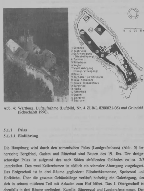Abb.  4:  Wartburg, Luftaufnahme (Luftbild, Nr.  4 ZLB/L 8200021-06) und Grundriß  (Schuchardt  1990)