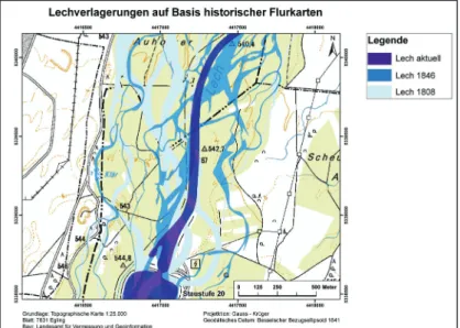 Abb. 4:  Flussarme des Lechs im Bereich der Lech-Staustufe  20 um 1808 und 1846 nach historischen  Kasterauf-nahmen im Maßstab 1:5.000 (Kartengrundlage: Top
