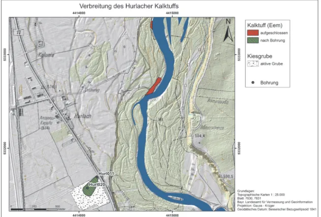 Abb. 2:  Verbreitung des Hurlacher Kalktuffs (Kartengrundlage: Hillshade aus LiDAR DGM  (3m) © Bayerische Vermessungsverwaltung 2008).