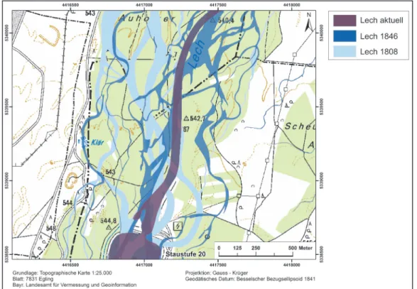 Abb. 4:  Lage der Flussarme des Lechs um 1812, 1846 und heutiger Flusslauf nahe  Scheuring (Kartengrundlage: Top