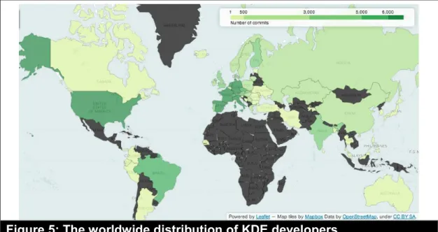 Figure 5: The worldwide distribution of KDE developers 