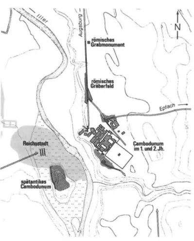 Abbildung 1: Topographie der römischen Siedlungen, Fernstraßen und Gräber- Gräber-felder in Kempten (aus: W
