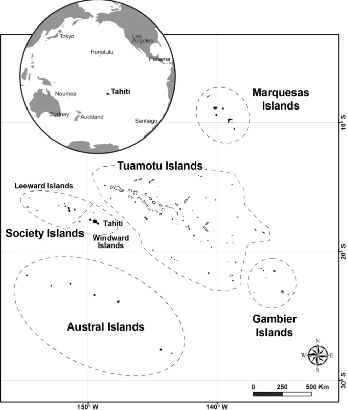 Fig. 1. Map of French Polynesia (from Fred Jacq; modifi  ed with globe from Rouzé et al