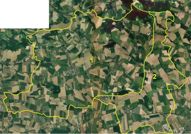 Abb. 2: Übersicht des Erhebungsgebietes mit Abgrenzung der Teilgebiete auf Grundlage von Orthofotos Teilgebiet 1: Strukturiertes, intensiv genutztes, ackerbaudominiertes Hügelland