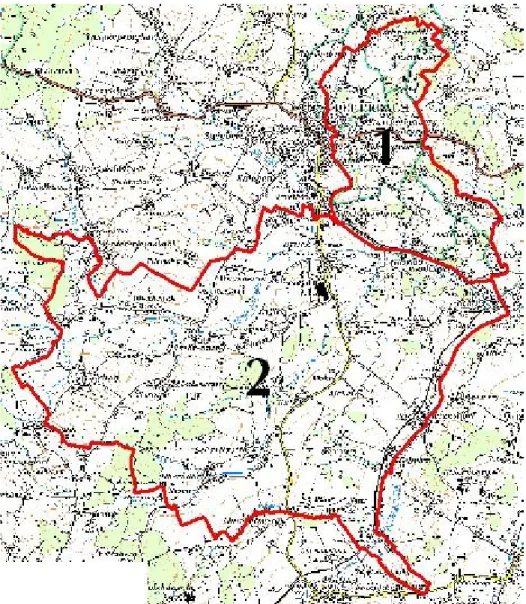 Abb. 1:  Übersicht Erhebungsgebiet mit Abgrenzung der Teilgebiete und ÖK50 Teilgebiet 1: Landwirtschaftlich geprägte Kuppenlandschaft