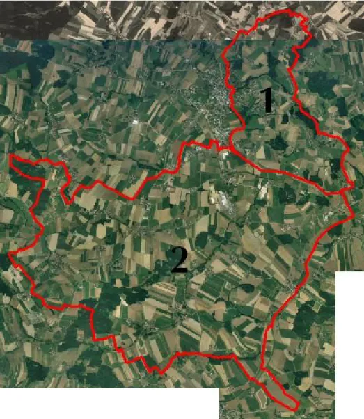Abb. 2:  Übersicht Erhebungsgebiet mit Abgrenzung der Teilgebiete und Orthofotos Teilgebiet 1: Landwirtschaftlich geprägte Kuppenlandschaft