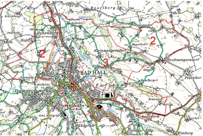 Abb. 1: Übersicht Erhebungsgebiet mit Abgrenzung der Teilgebiete und ÖK50  Teilgebiet 1: Verdichtetes Siedlungsgebiet 