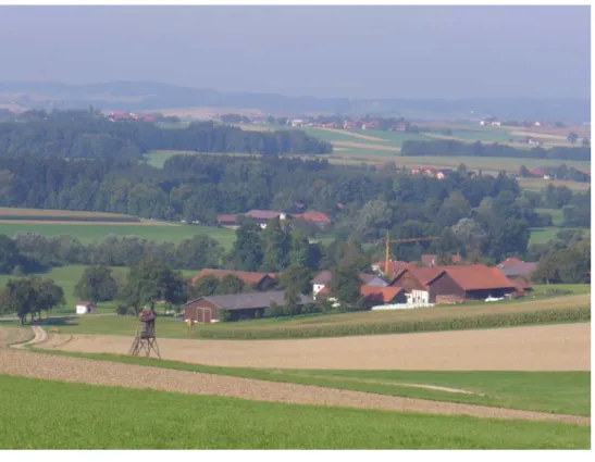 Abb. 2:  gut strukturierte bäuerliche Landschaft mit eingestreuten Wäldchen rund um Ampfenham  (Teilgebiete 2) (Foto: Andrea Lichtenecker) 