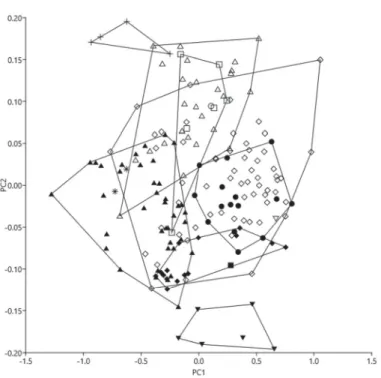 Fig. 3. Scatterplot of PC2 against PC1 for a PCA on 17 log-transformed measurements (n = 177) of  Enteromius Cope, 1867: E