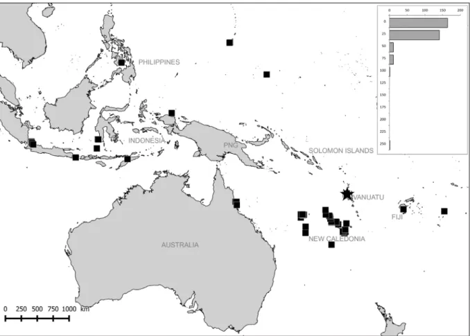 Fig. 4. Geographical and bathymetrical distribution of Reticunassa paupera (Gould, 1850)