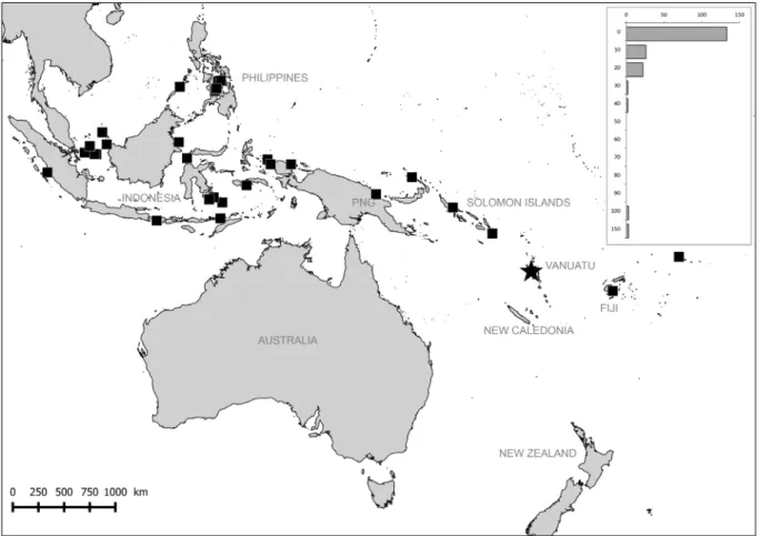 Fig. 7. Geographical and bathymetrical distribution of Reticunassa poppeorum sp. nov. Star indicates  type locality