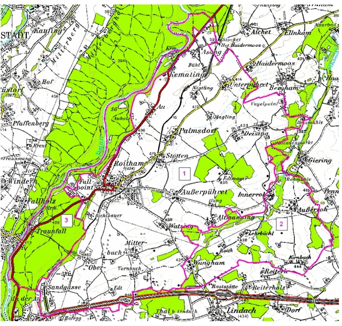 Abb. 1: Übersicht Erhebungsgebiet mit Abgrenzung der Teilgebiete und ÖK50 Teilgebiet 1: Wenig strukturierte Agrarlandschaft mit Hauptsiedlungsgebiet Teilgebiet 2: Mäßig strukturierte Agrarlandschaft