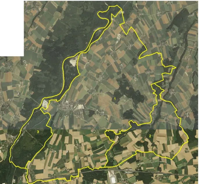 Abb. 2: Übersicht Erhebungsgebiet mit Abgrenzung der Teilgebiete und Orthofoto Teilgebiet 1: Wenig strukturierte Agrarlandschaft mit Hauptsiedlungsgebiet Teilgebiet 2: Mäßig strukturierte Agrarlandschaft
