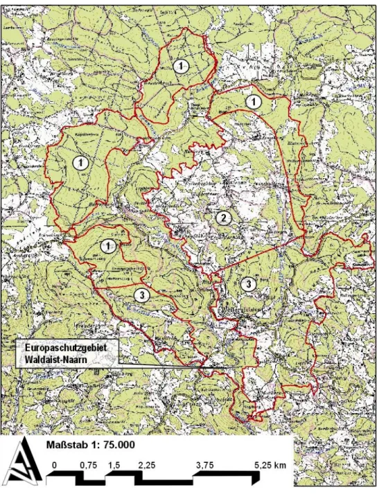 Abb. 1: Übersichtsplan mit Teilgebietsabgrenzungen Teilgebiet 1 „Bewaldete Umrahmung“