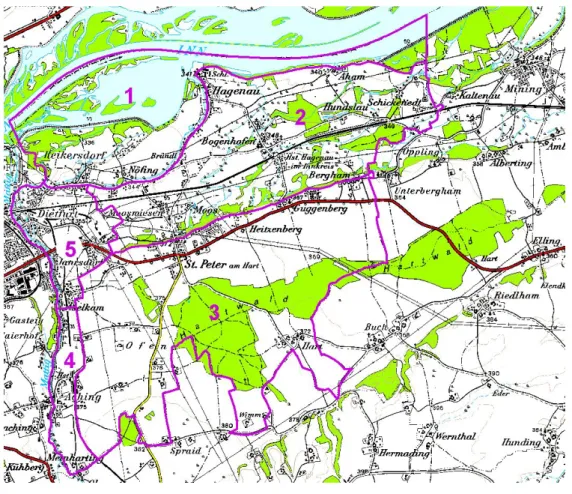Abb. 1:  Übersichtsplan mit ÖK 50 und Teilgebietsabgrenzungen  Teilgebiet 1 „Reikersdorfer und Nöfinger Inn-Auen“ 