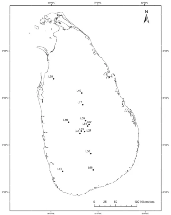 Fig.  1. Known distribution of Bristowia  gandhii sp. nov. (L65, L38, L17, L62, L63), Habrocestum  hantaneensis sp
