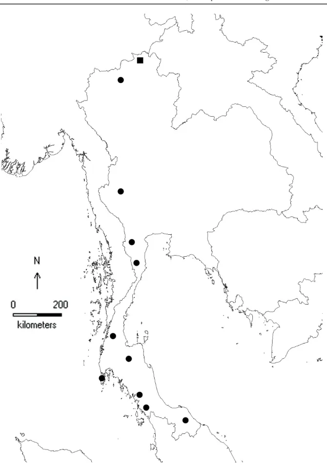 Fig. 2. Distribution of Tetrastigma calcicola Kochaiph. &amp; Trias-Blasi sp. nov. (■) and T