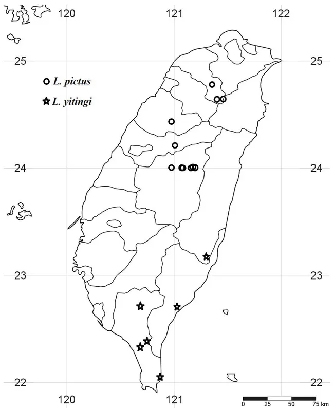 Fig. 7. Distribution map of Lycocerus pictus (Wittmer, 1983) and L. yitingi Hsiao &amp; Okushima sp