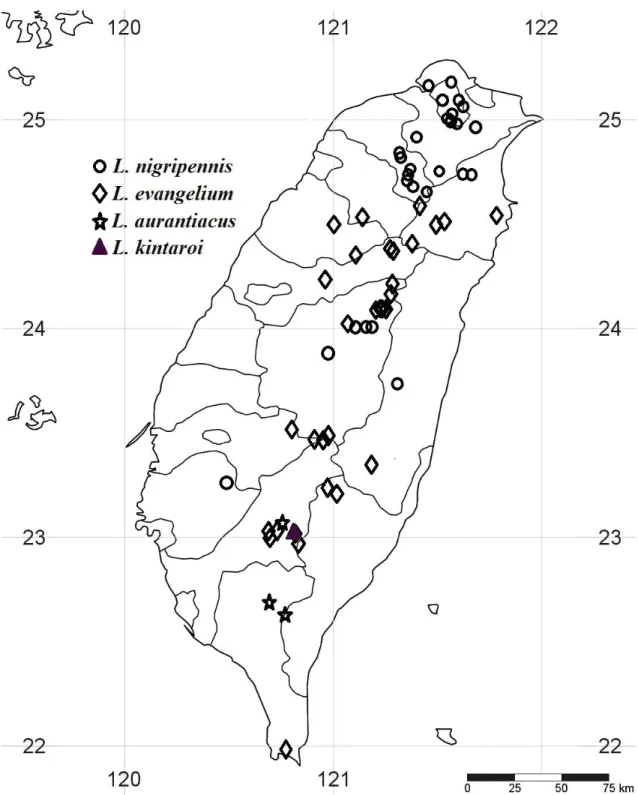 Fig. 8. Distribution map of L. nigripennis (Pic, 1938), L. evangelium Hsiao &amp; Okushima sp