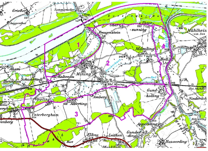 Abb. 1:  Übersichtsplan mit ÖK 50 und Teilgebietsabgrenzungen  Teilgebiet 1 „Mininger und Sunzinger Inn-Auen“ 