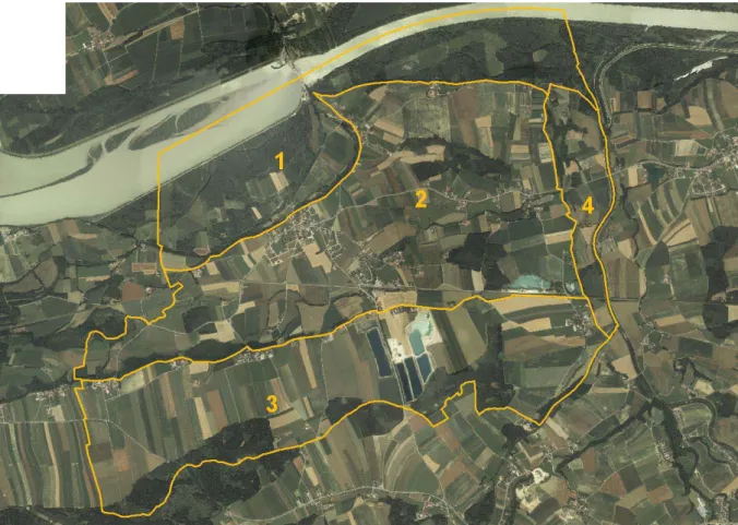 Abb. 2:  Übersichtsplan mit Orthophoto und Teilgebietsabgrenzungen  Teilgebiet 1 „Mininger und Sunzinger Inn-Auen“ 