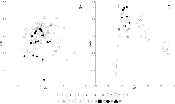 Fig. 4. Linear Discriminant Analysis based on the morphology. A. Scyphistomae (17 cultures) of  Aurelia congeners