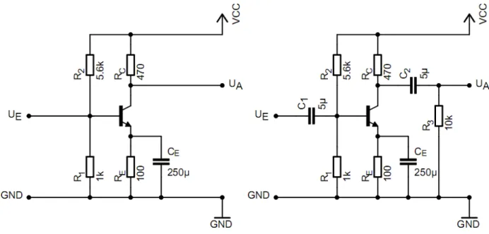 Abbildung 4: Transistorverstärker mit Emitterschaltung, rechts mit Koppelkondensatoren Wenn der Arbeitsbereich sehr klein ist, kann man die Kennlinien dort durch Geraden annähern und die differentiellen Kenngrößen r B und β sind konstant