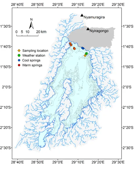 Figure 1.1. Map of Lake Kivu with contour lines every 100 m and tributaries. The region near to the Nyiragongo  volcano does not have surface tributaries, but instead rainwater infiltrates and feeds groundwater aquifers