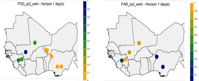 Figure 3-5: Forecast skills of the World Wide HYPE (WWH) regarding probability of detection (POD) on the left and false  alarm rate (FAR) on the right , assessed at 9 gauged locations (dots)