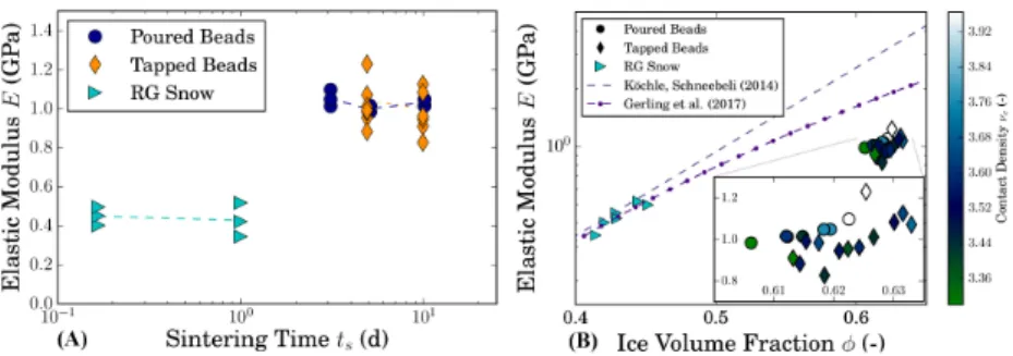 Fig. 3.7: Elastic moduli computed on the CT images: (A) against the logarithmic sintering time, the lines indicate the averages; (B) against the ice volume fraction, with the color-coded contact density for the ice beads
