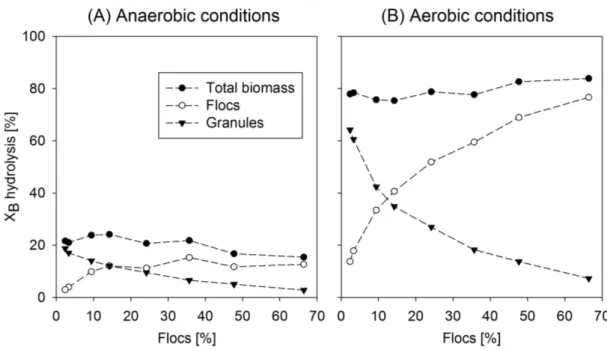 Figure 3.3.: Contribution of total biomass, flocs and granules to total X B hydrolysis in (A) anaerobic plug-flow and (B) aerobic fully-mixed conditions of the default scenario.