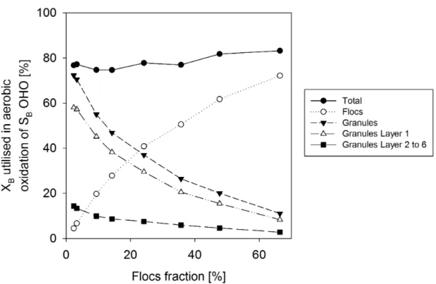 Figure 3.7.: Percentage Fraction of influent X B utilised in aerobic oxidation by OHO for different floc fractions (2-70%) and for total biomass, as well as for biomass located in the flocs, granules, and individually for granule surface layer (layer 1) an