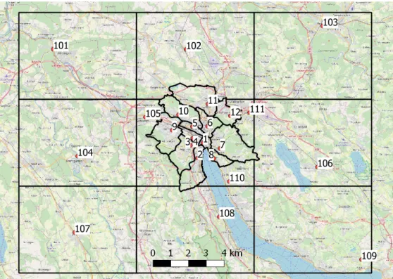 Figure 1: Greater Z¨ urich region and applied zoning. The map is oriented to the north.